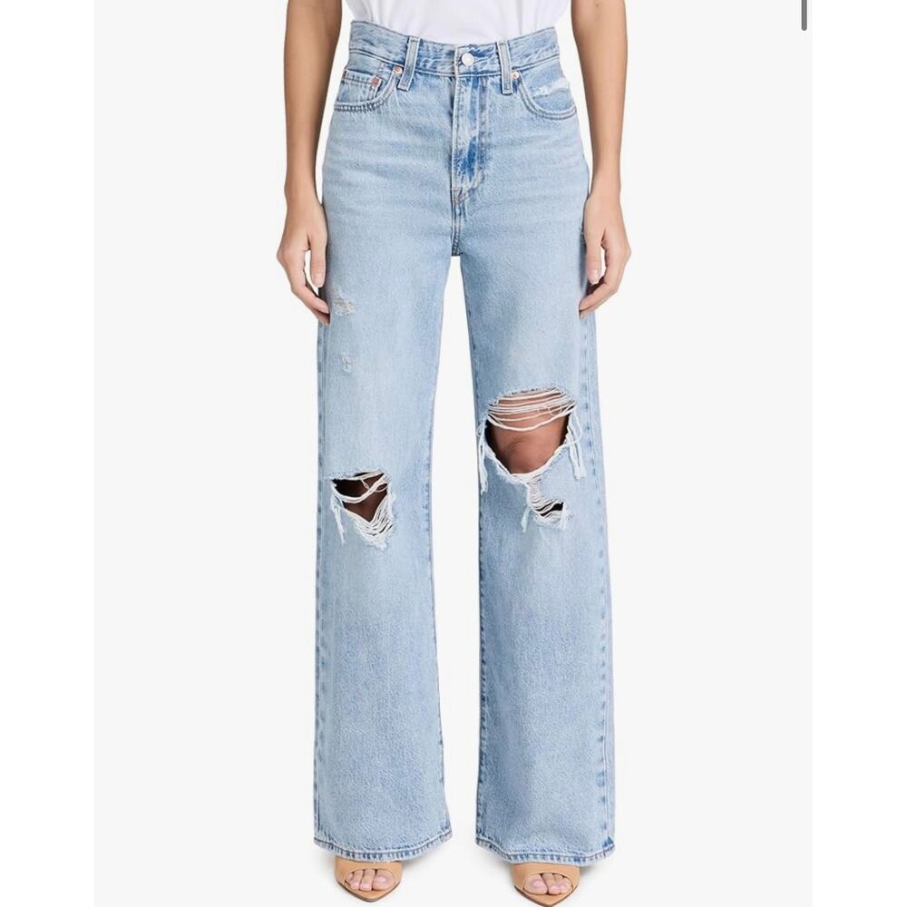 Sky Blue Ripped Wide Leg Jeans